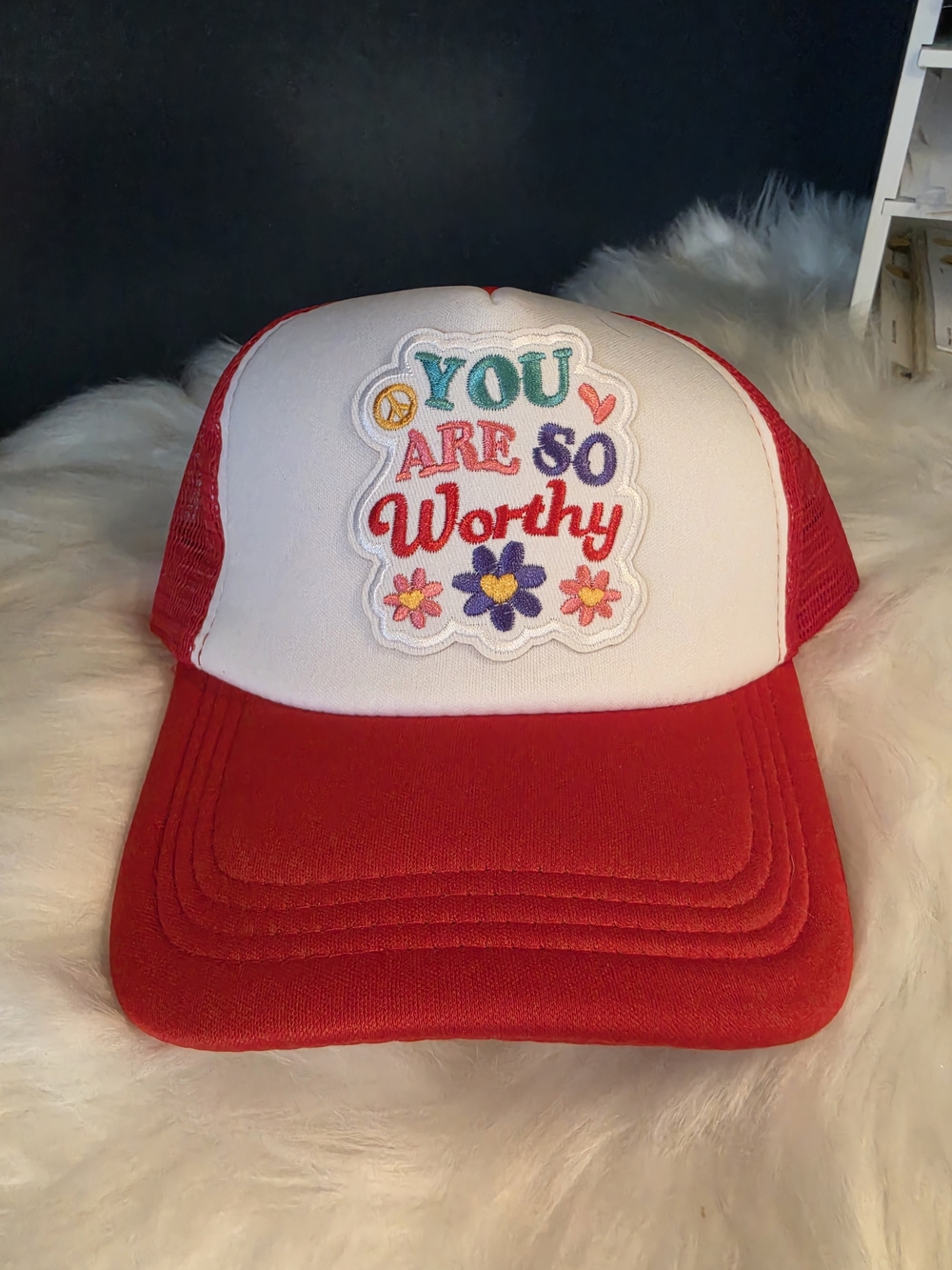 Woman's 90s Inspired Red and White Mental Health Trucker Hat With Flower Accent